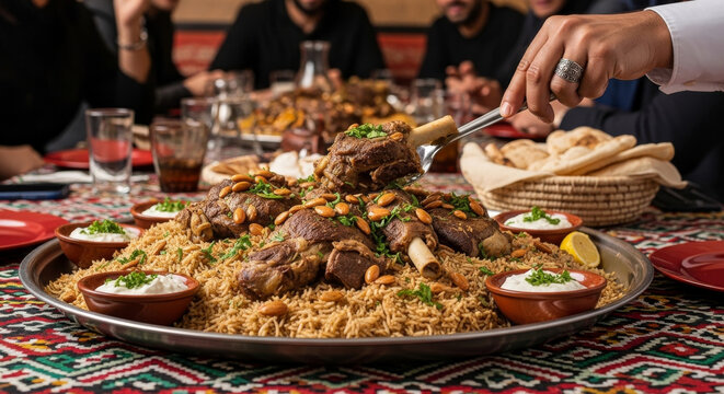 Traditional Jordanian mansaf lamb dish being served on a communal platter