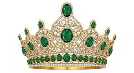 Fototapeta premium Ornate gold crown adorned with sparkling diamonds and large emeralds, isolated on transparent background