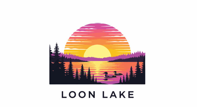 Serene lake scene with loons swimming at sunset, framed by pine trees