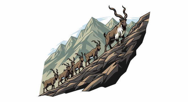 Herd of ibex with impressive horns climbing a rocky mountain