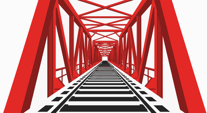 Perspective view of a red truss railway bridge, looking down the tracks