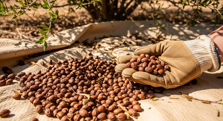Obraz premium Worker's hand sweeps and scoops jojoba seeds during collection in a rural area in daylight
