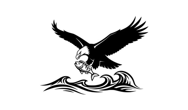 Side view eagle catching fish silhouette vector black and white wildlife sea illustration