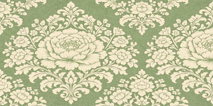 Vintage victorian seamless floral damask pattern with antique baroque ornament swirls and textile texture for elegant wallpaper decor illustration