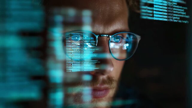 Close-up of a focused programmer with lines of code reflected across his face, symbolizing cybersecurity