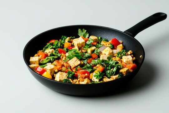 Vibrant spicy tofu scramble cooking event in bright kitchen colorful veggies and skillet dish from top angle