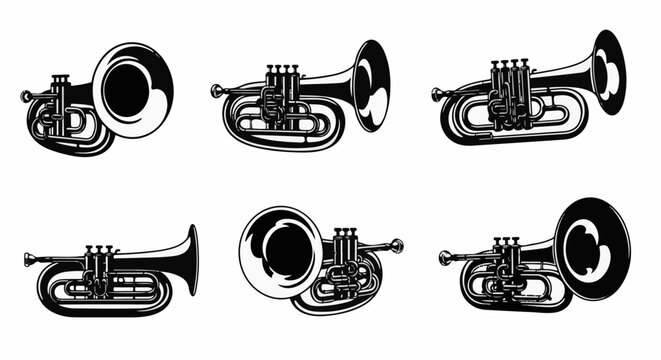 Collection of six brass wind instruments in black and white silhouette