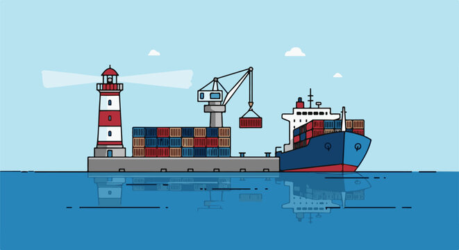 Cargo ship at port with lighthouse and crane loading containers