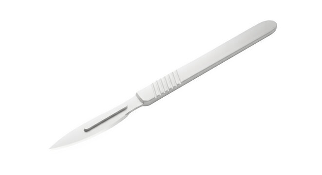 A surgical scalpel with a sharp blade and ergonomic handle against a transparent background