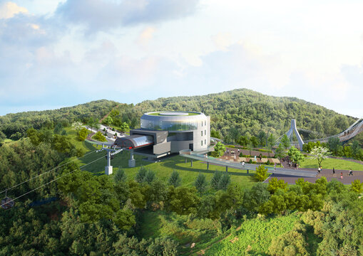 Tourist landmark infrastructure with aerial tramway terminal and pedestrian walkway, 3D illustration
(에어리얼 트램웨이 터미널과 보행로가 있는 관광 랜드마크 인프라, 3D 일러스트레이션)