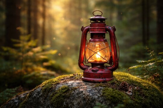 Red vintage lantern with a lit flame sitting on a mossy rock with pine cones in a forest setting.