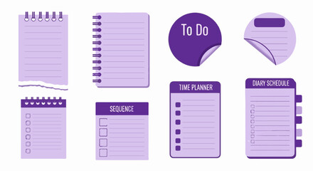 Naklejka premium Various purple notebooks, stickers, and planners with to-do lists