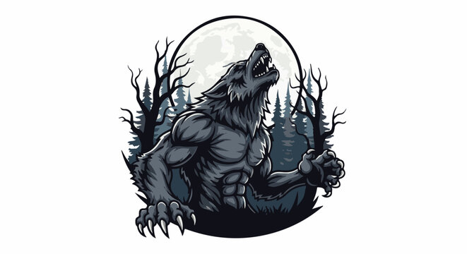 A muscular werewolf howls at a full moon in a spooky forest