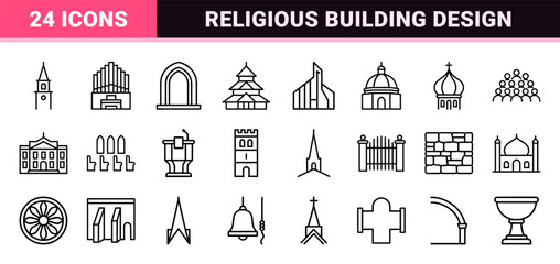 Obraz premium Church Architecture and Religious Building Line Icons Featuring Minimalist Monoline Geometric Outlines for Sacred Landmarks