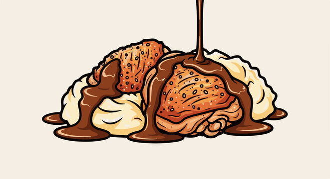 Illustration of mashed potatoes topped with golden fried food and drizzled with chocolate sauce