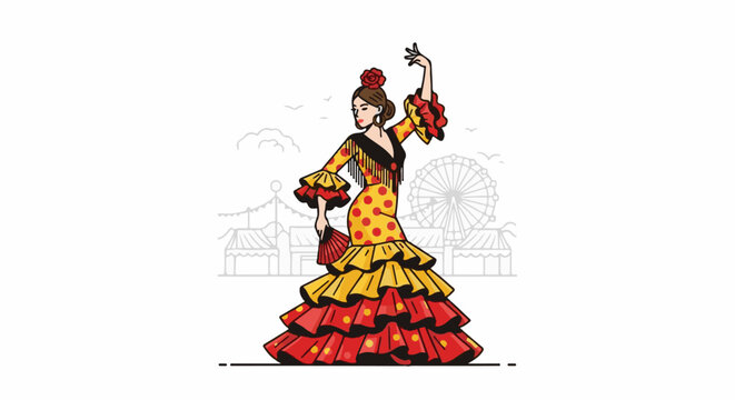 Vibrant flamenco dancer in polka-dot dress at a festival with Ferris wheel