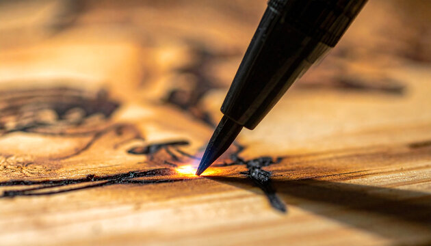 Macro shot shows hot wood burning pen tip searing wood surface during pyrography work