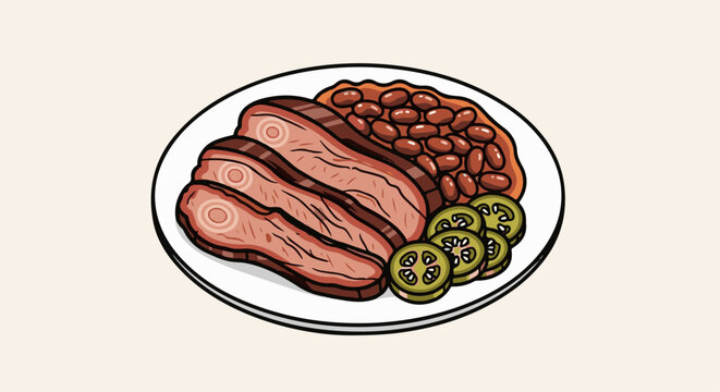 Sliced smoked meat with beans and jalape&ntilde;o slices on a plate