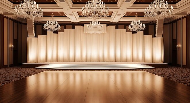 Elegant ballroom stage with draped backdrop and crystal chandeliers ready for a grand event celebration wedding or conference