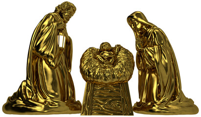 Golden nativity scene isolated on transparent background, baby Jesus with Mary and Joseph Christmas decoration