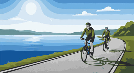 Fototapeta premium Two cyclists ride on a paved path beside a lake under a bright sun