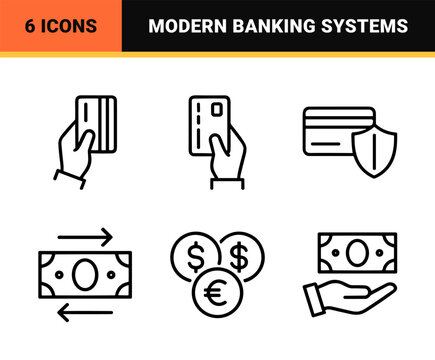 Digital Banking and Fintech Minimalist Monoline Outline Symbols for Mobile Finance Apps and Commercial Payment System Interfaces