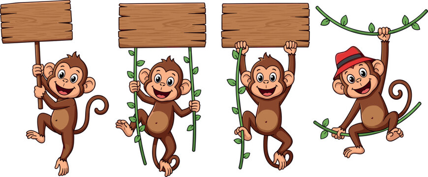 Cute cartoon monkey characters holding wooden signboards and hanging on vines playful vector illustration isolated on white background