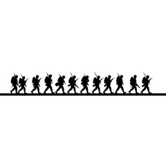 Obraz premium Silhouette Soldiers Marching Line Uniformed Military Figures Rifle Backpacks