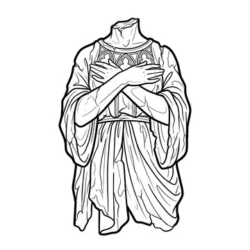 Headless stone statue with crossed arms isolated black and white line art