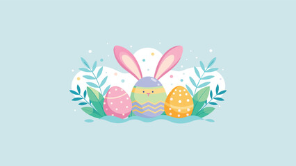 Fototapeta premium Cute Happy Easter Vector Illustration with Bunny Ears, Pastel Eggs, Flowers and Butterflies