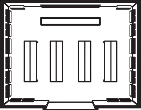 Empty retail store layout diagram, showcasing a top-down view of the store plan. The blueprint layout focuses on a minimalistic graphic style that highlights the core retail shop framework. 