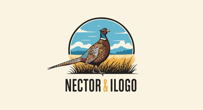 A pheasant stands in golden grass under a sky with clouds and mountains