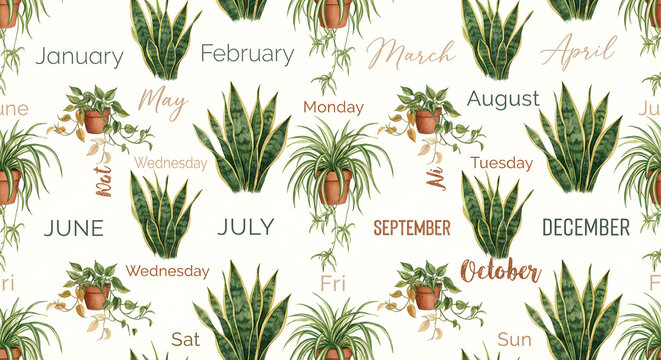 Seamless botanical pattern with watercolor houseplants, months of the year, and days of the week. Elegant calendar-themed illustration featuring snake plants, spider plants, and pothos in pots.