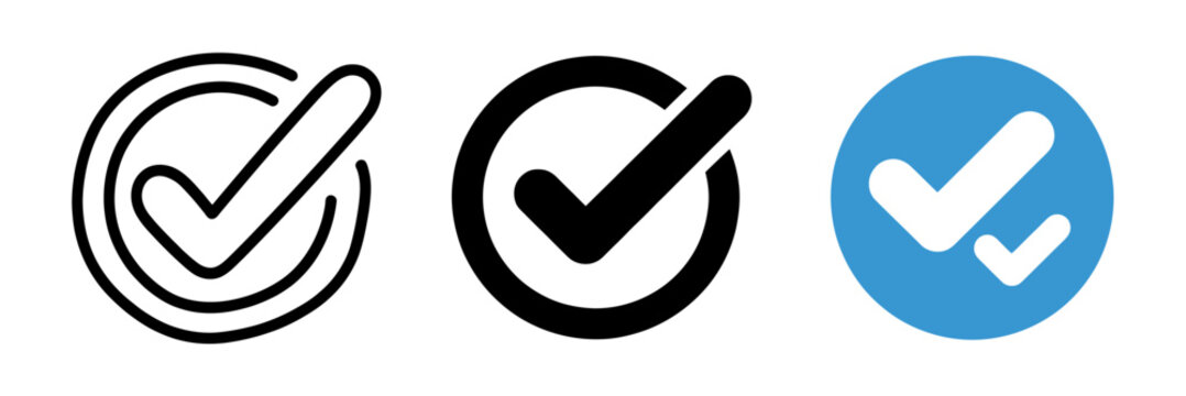 Checkmarks in circles icons in black and blue on white background