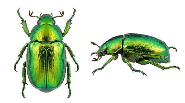 Shiny Iridescent Green Jewel Beetle Top and Side View Set on Transparent Background for Scientific Research, Education, and Graphic Design Asset Use