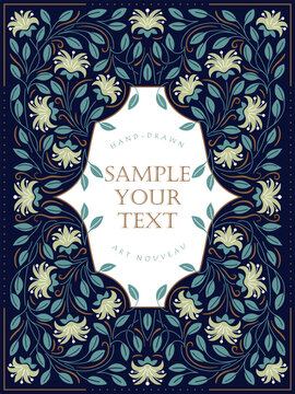 Antique frame in Art Nouveau style with a pattern of flowers, buds, leaves and branches. Vintage style concept. Handmade drawing vector illustration.	