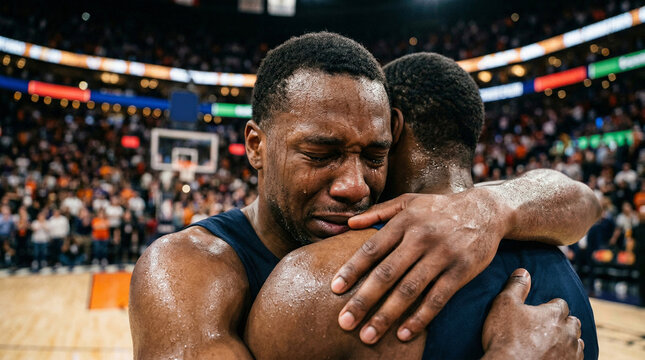 Two emotional basketball players embracing and crying on a court in a crowded indoor arena after a match, showing sportsmanship and team bond