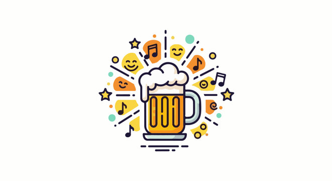 A foamy beer mug explodes with happy faces, stars, and musical notes