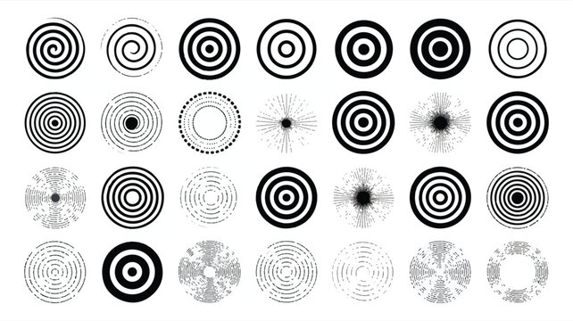 Black and white circular graphic design elements with concentric circles and radial patterns