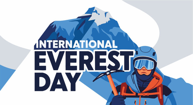 Mountaineer in orange jacket standing in front of Mount Everest in dramatic lighting for International Everest Day