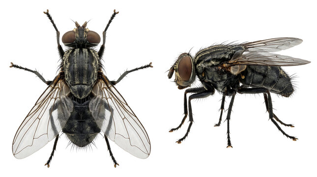 Macro house fly isolated on transparent background, detailed top and side views for scientific research, pest control education, and biology graphics.