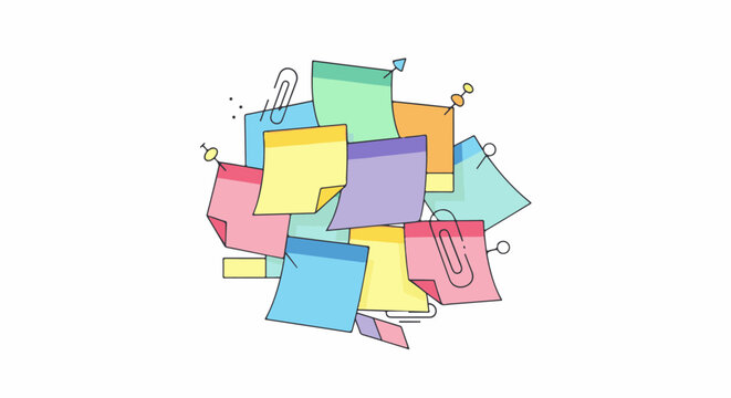 A colorful collection of sticky notes, pins, and paperclips on a white background