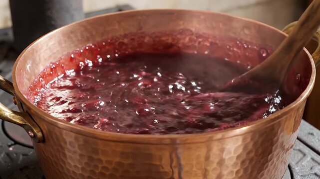 Copper pot filled with simmering homemade cranberry sauce stirred with wooden spoon