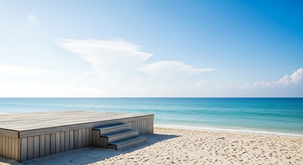 Fototapeta premium Wooden deck with steps leading to a pristine sandy beach and turquoise ocean under a clear blue sky with wispy clouds
