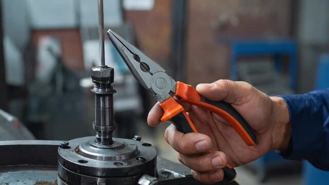 Mechanic's hand using pliers to adjust industrial machinery component