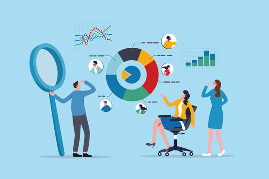 Market research analysis, customer or employee statistic optimization, consumer diagram or visitor traffic plan, recruitment or marketing promotion, business people analyze data with chart and graph.