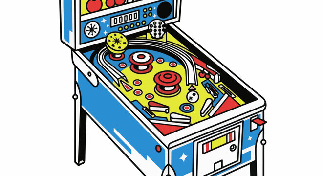 A colorful, stylized illustration of a vintage pinball machine