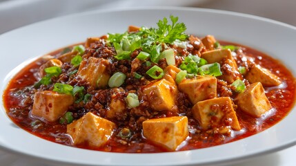 Fototapeta premium ネギをのせた麻婆豆腐のクローズアップ