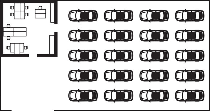 Conceptual architectural blueprint of a modern parking garage, meticulously illustrating multiple cars neatly parked in designated spaces.