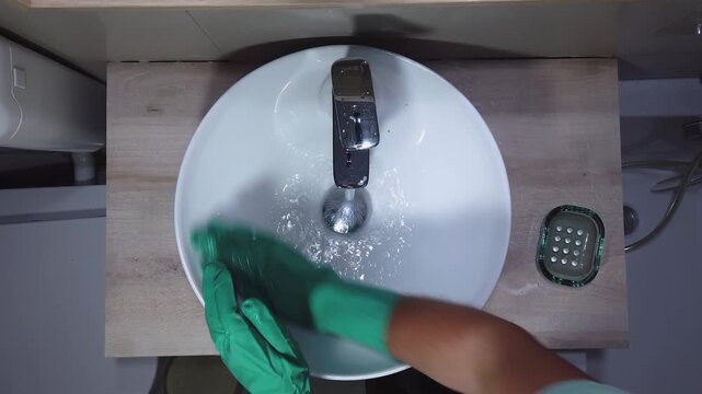 man with gloves sanitizes by washing the bathroom sink, top view, sound
